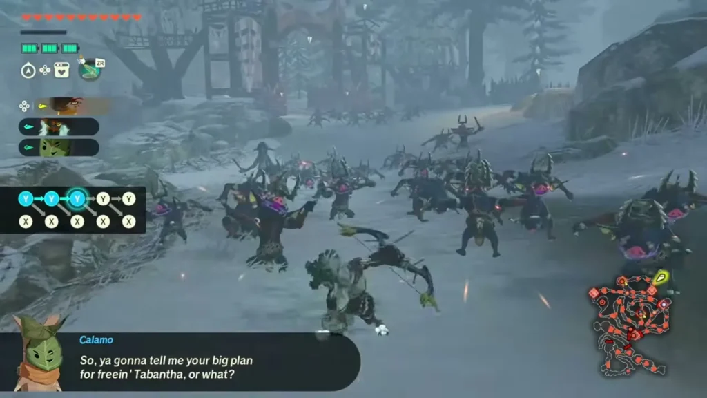 The party fights a horde of monsters in the snow of a Korok Seed battle in Hebra