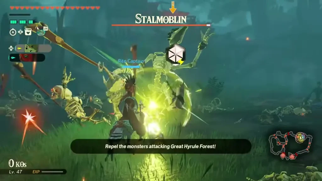 A Rito Captain fights a Stalmoblin among skeletal monsters in Great Hyrule Forest