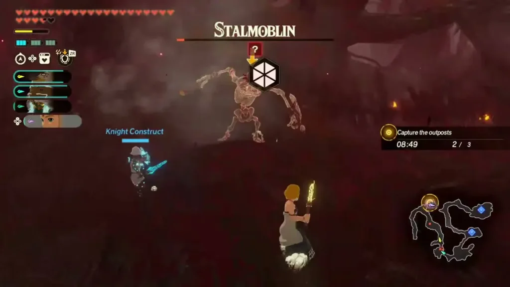 Zelda and the Knight Construct face a Stalmoblin near the last outpost