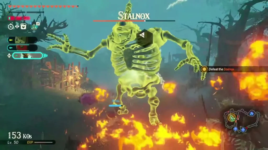 A towering Stalnox rises over burning grass in Great Hyrule Forest