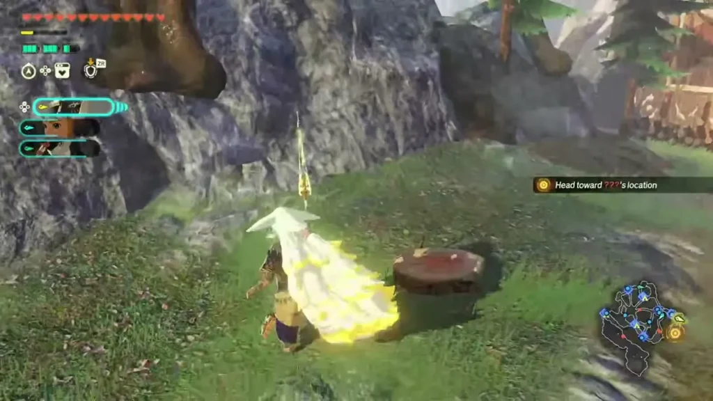 Rauru approaches a Korok stump sitting in the grass on a hillside