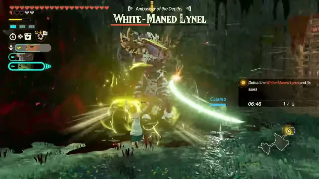 Zelda and Calamo fight the White-Maned Lynel in the Depths