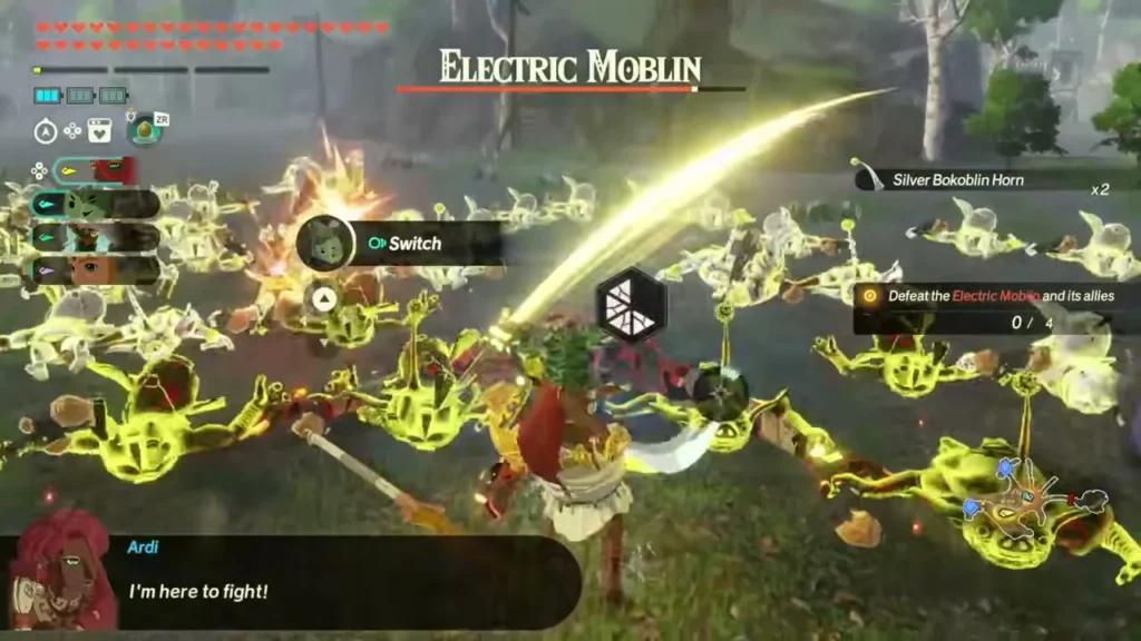 Ardi cuts through electrified Bokoblins around an Electric Moblin in the Lanayru Wetlands