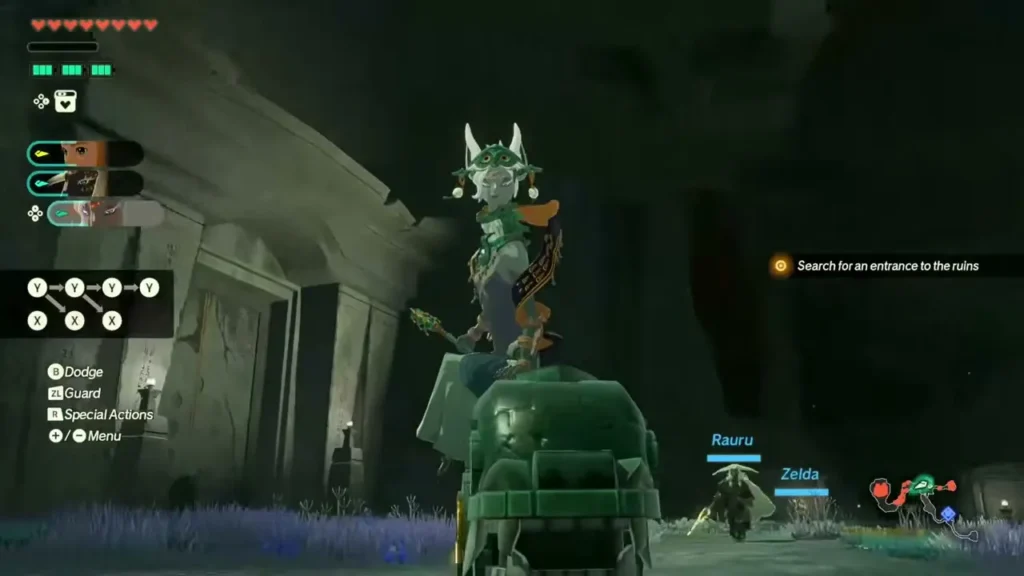 Mineru rides a Zonai construct near the ruins in the Depths with Rauru and Zelda behind