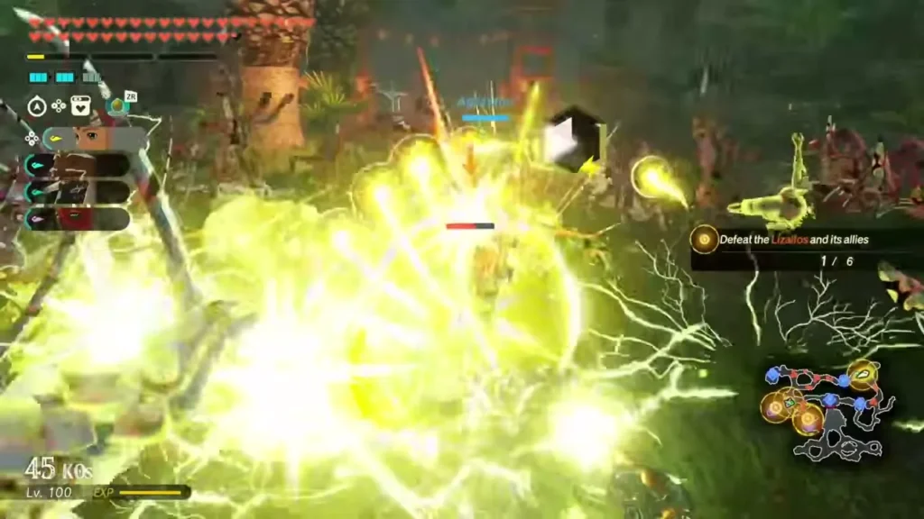 Zelda's lightning bursts around Lizalfos in the Damel Forest