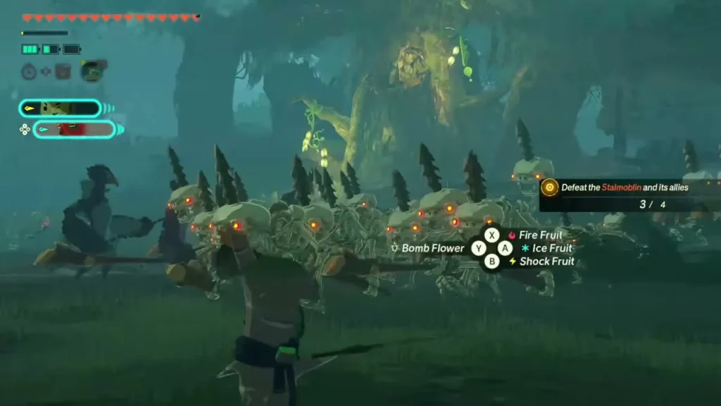 A warrior faces a skeleton horde with a Bomb Flower in hand in the Great Hyrule Forest