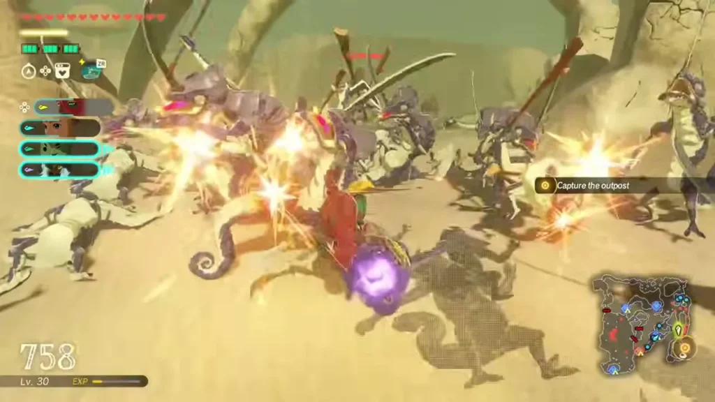 A Gerudo warrior fights a swarm of Gibdos in the desert