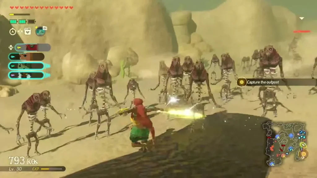 A Gerudo warrior meets a line of Stalfos on a sand dune
