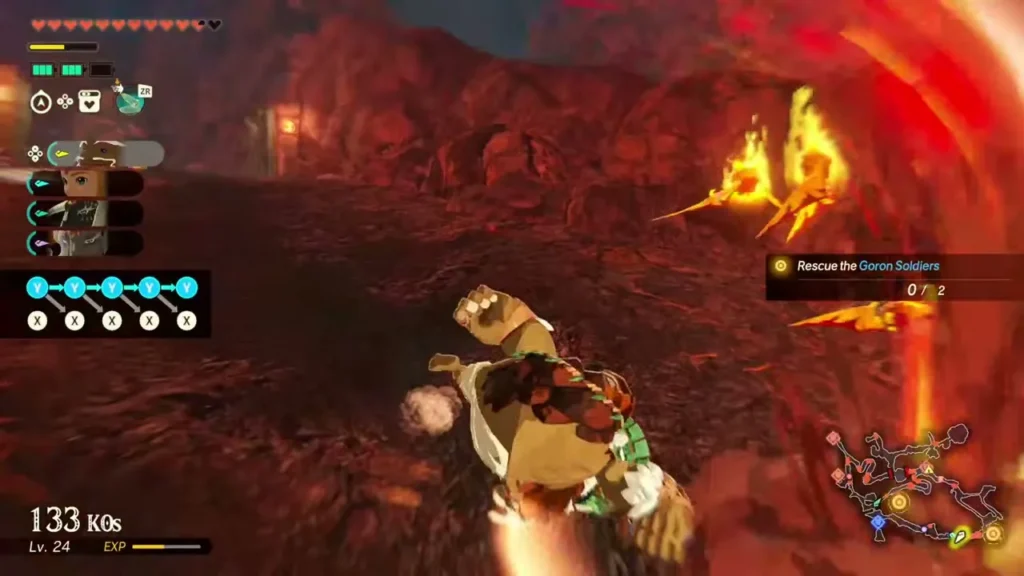 A Goron warrior swings through enemies beside the lava of Death Mountain