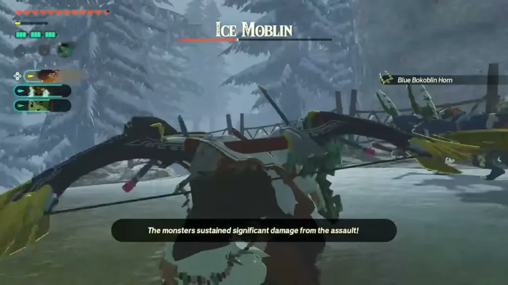 A warrior aims a bow at an Ice Moblin in snowy Hebra