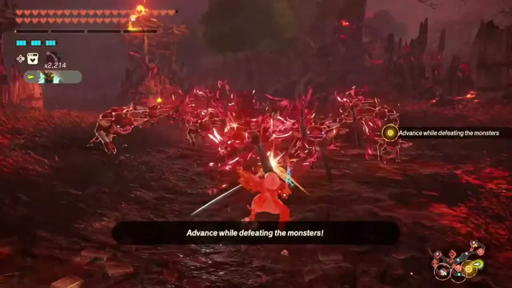 A warrior charges red-lit monsters in Hyrule Field during The Howling Tempests