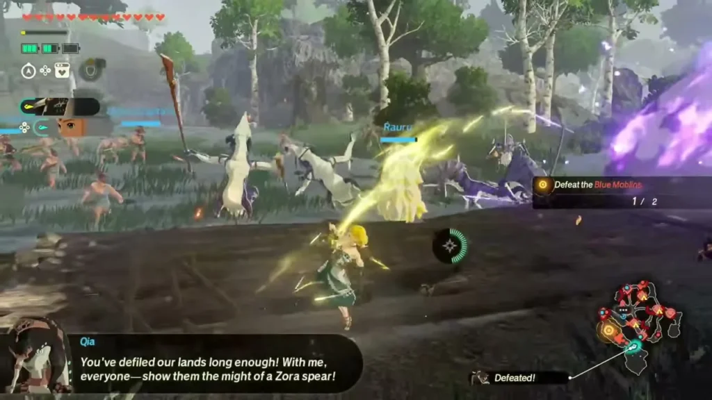 Qia calls out as Zelda and Rauru fight across the Lanayru Wetlands