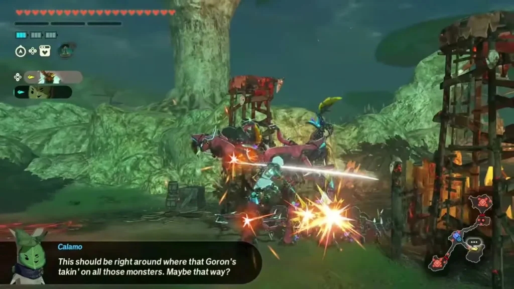 A warrior hacks into Bokoblins beside a watchtower in the Seres Scablands