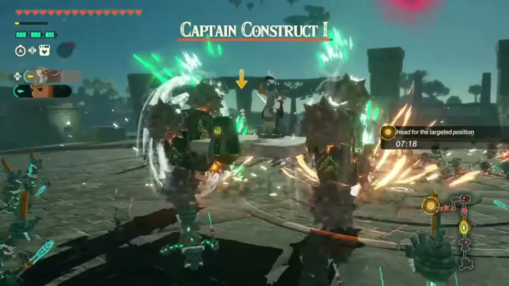 Captain Construct I appears among spiked constructs in the Zonai ruins in the sky