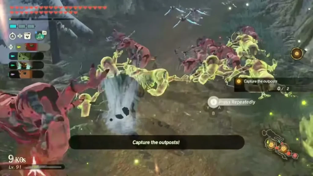 Warriors rush Bokoblins as the Capture the outposts message appears in Tabantha Frontier