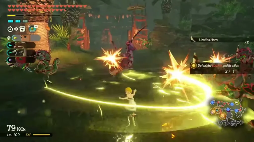 Zelda sweeps a golden arc through Lizalfos in the Damel Forest
