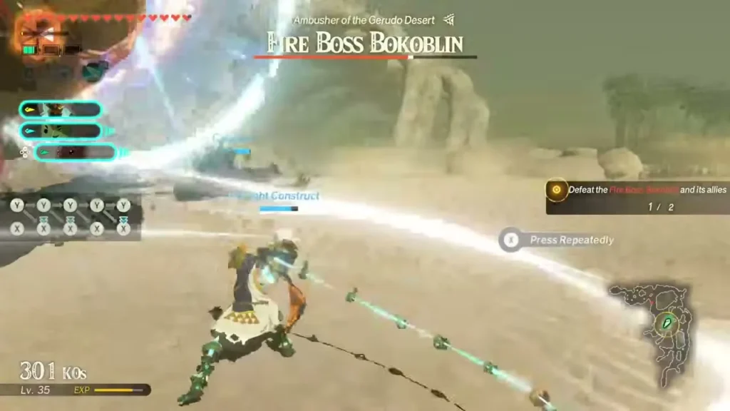 Braton sweeps a long chain blade through the sand toward the Fire Boss Bokoblin in the Gerudo Desert Braton sweeps a long chain blade through the sand toward the Fire Boss Bokoblin in the Gerudo Desert