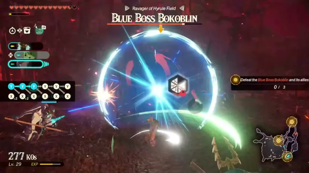 Lago and Calamo battle the Blue Boss Bokoblin inside a blue energy sphere Lago and Calamo battle the Blue Boss Bokoblin inside a blue energy sphere