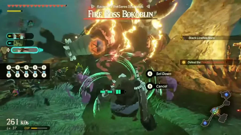 Pastos grapples the Fire Boss Bokoblin while a charge gauge glows Pastos grapples the Fire Boss Bokoblin while a charge gauge glows