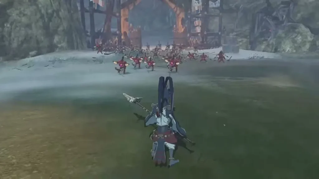 Pinnec stands with his spear before a horde of red Bokoblins Pinnec stands with his spear before a horde of red Bokoblins