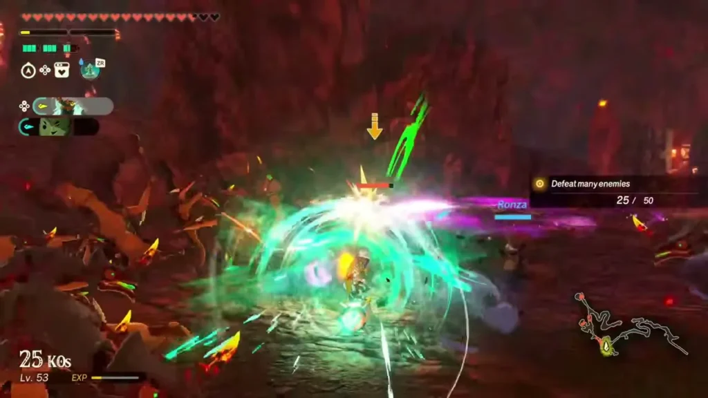 Ronza spins through Fire-Breath Lizalfos in the volcanic pass Ronza spins through Fire-Breath Lizalfos in the volcanic pass