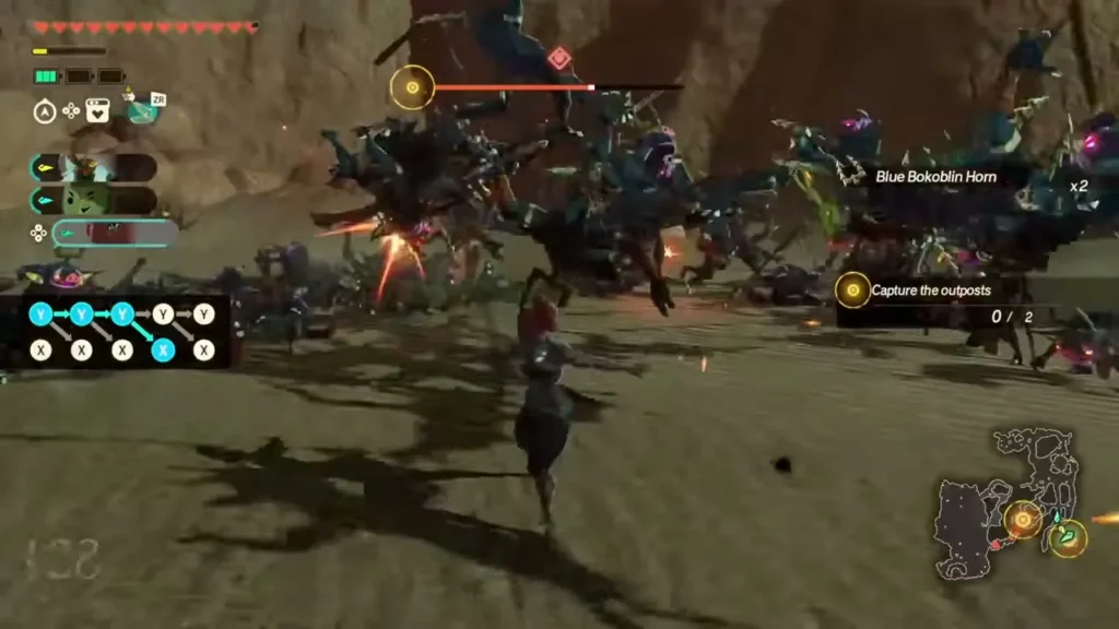 Sholani runs at a crowd of Bokoblins while capturing outposts Sholani runs at a crowd of Bokoblins while capturing outposts