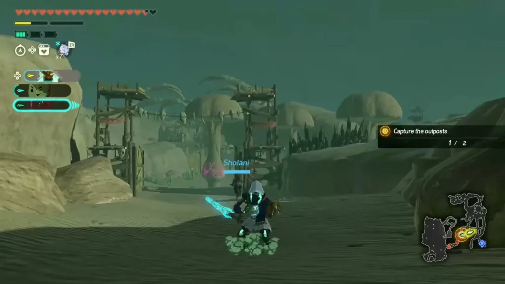 Sholani crosses the Gerudo Desert dunes toward an outpost Sholani crosses the Gerudo Desert dunes toward an outpost