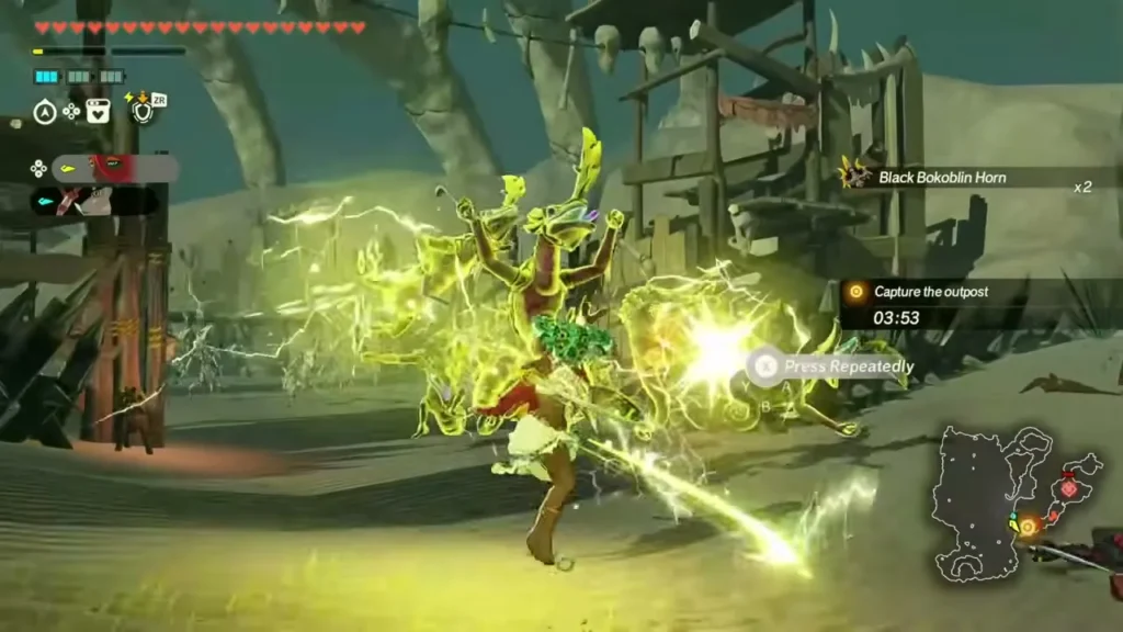 Ardi cuts through a Bokoblin pack with a lightning attack in the desert Ardi cuts through a Bokoblin pack with a lightning attack in the desert