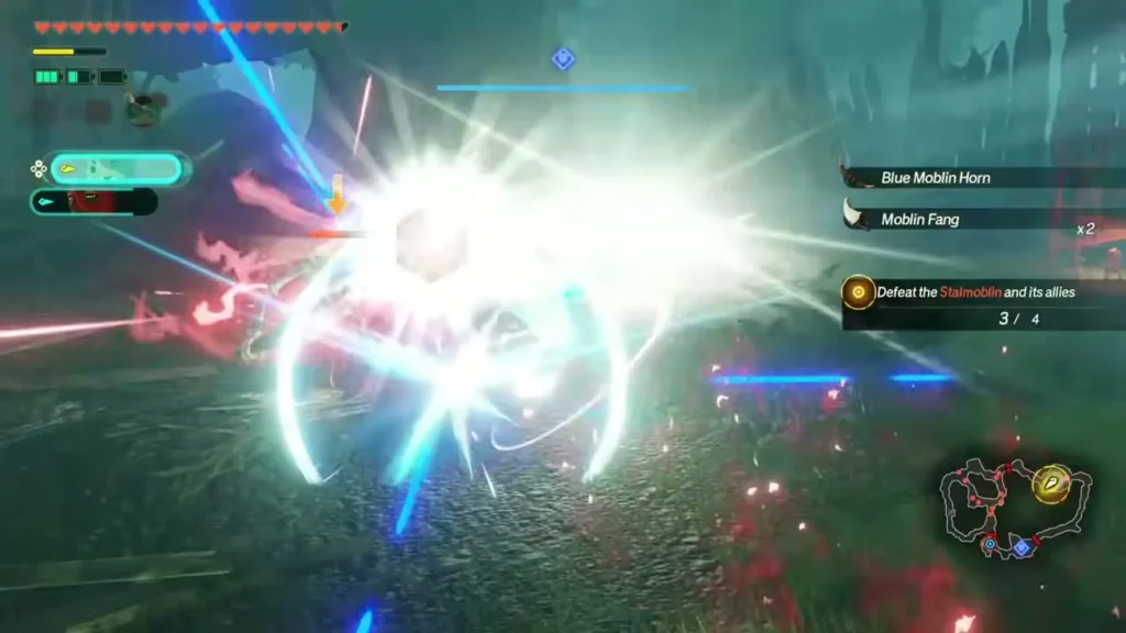 A burst of light hits enemies in the forest and a Blue Moblin Horn drops A burst of light hits enemies in the forest and a Blue Moblin Horn drops