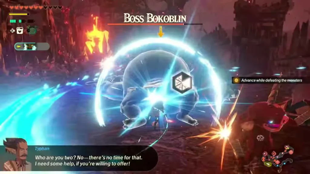 A Boss Bokoblin is caught in a blue energy barrier as the party fights it A Boss Bokoblin is caught in a blue energy barrier as the party fights it