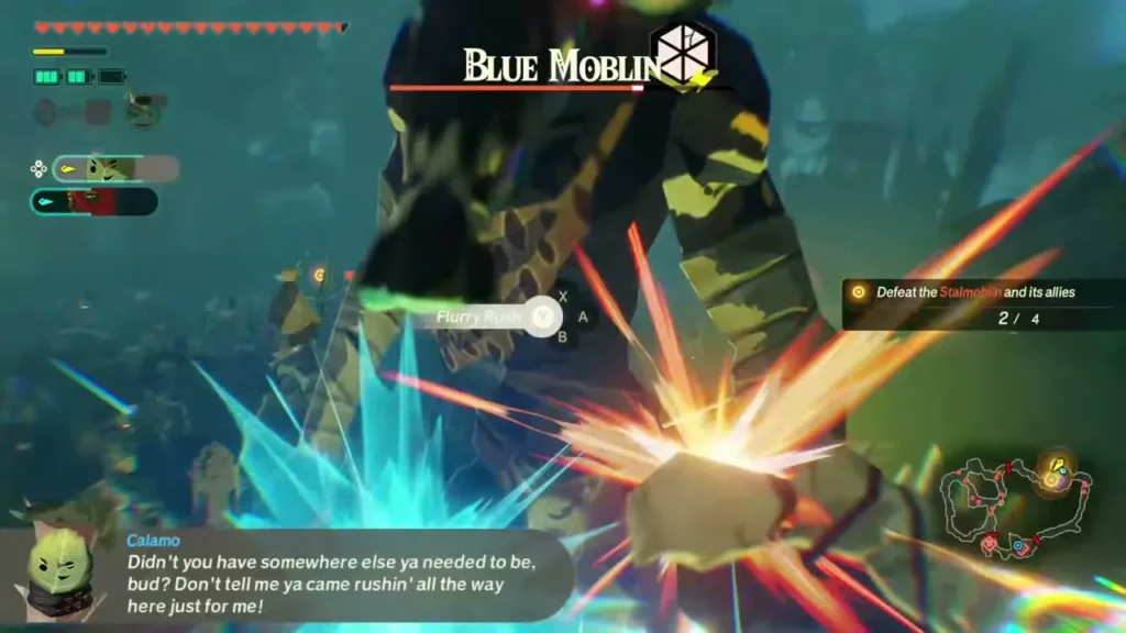 Calamo lands a flurry rush on a Blue Moblin in the forest Calamo lands a flurry rush on a Blue Moblin in the forest