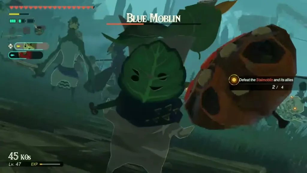 Calamo the Korok crouches behind a big leaf shield in the forest battle Calamo the Korok crouches behind a big leaf shield in the forest battle
