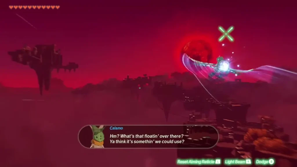 Calamo spots a floating island while flying through the red sky Calamo spots a floating island while flying through the red sky