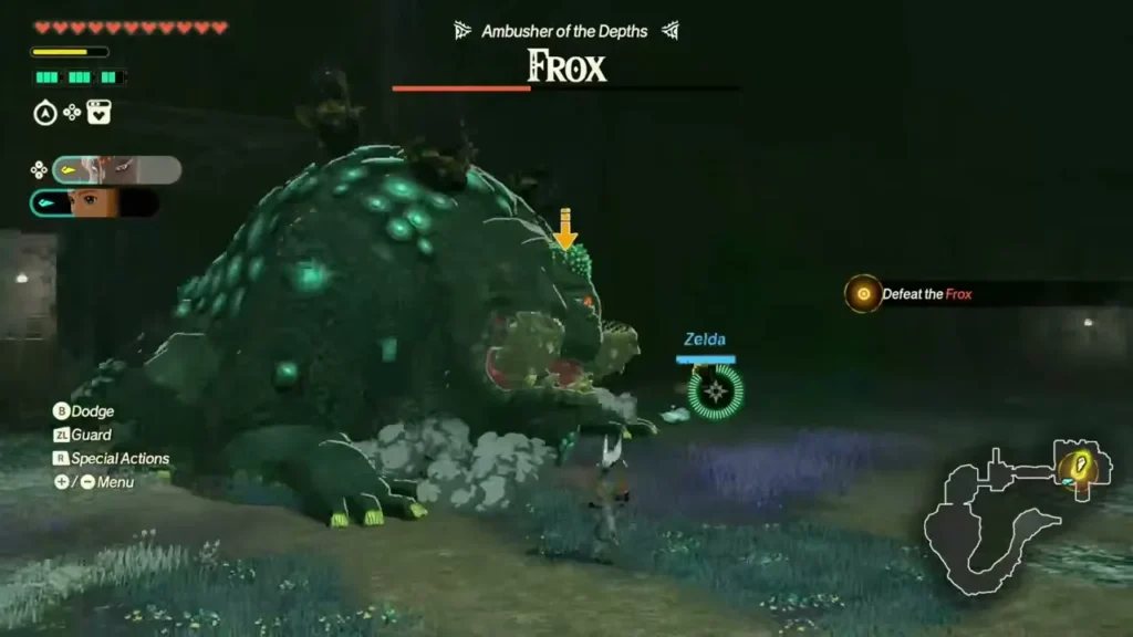 Zelda dodges as the Frox lunges in the Depths Zelda dodges as the Frox lunges in the Depths