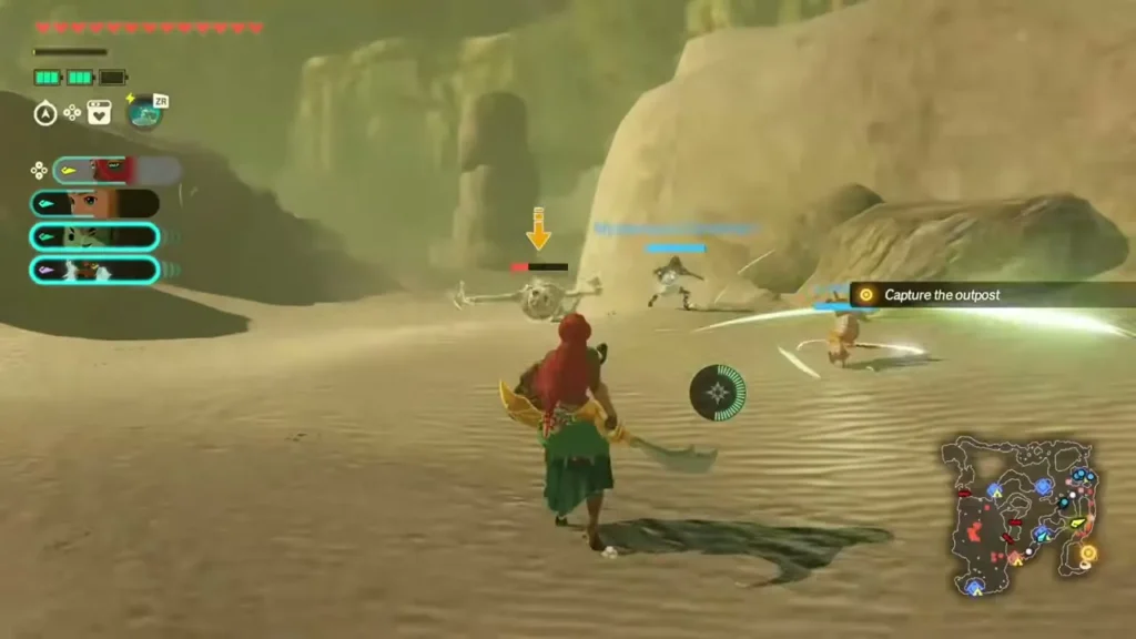 A Gerudo warrior closes in on a skeleton in the desert A Gerudo warrior closes in on a skeleton in the desert