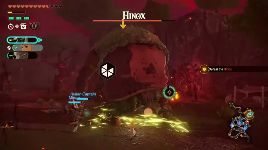 The party fights a Hinox while a Hylian Captain and Mineru help The party fights a Hinox while a Hylian Captain and Mineru help