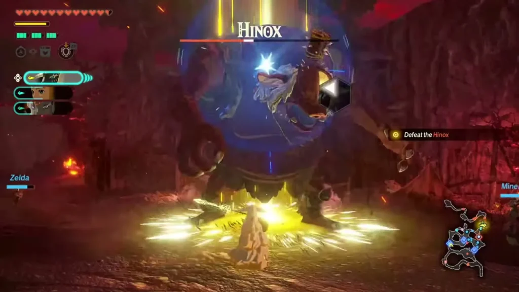 A Zonai burst envelops the Hinox as a warrior attacks A Zonai burst envelops the Hinox as a warrior attacks