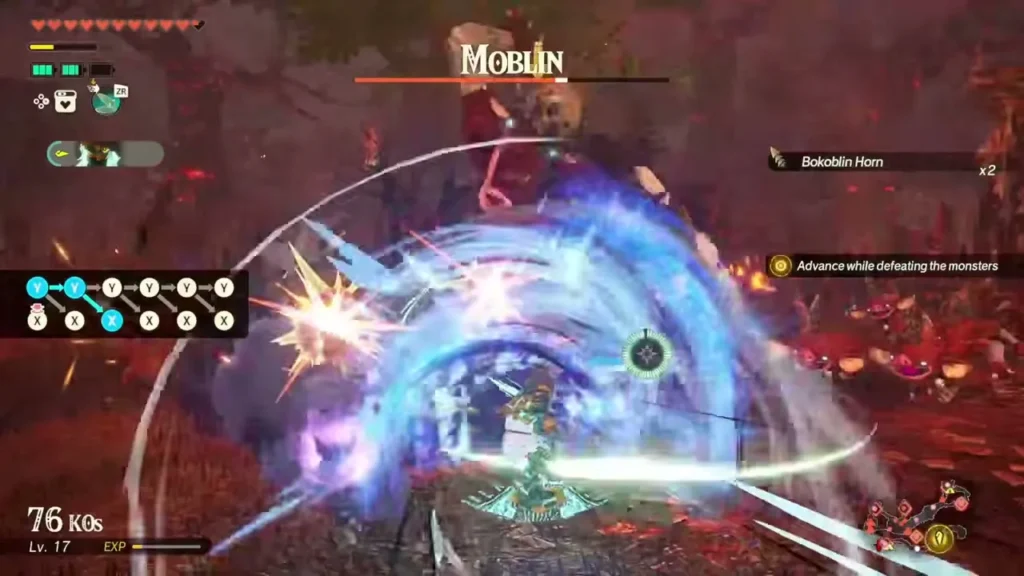 A warrior cuts a blue arc through a Moblin and Bokoblins, and a Bokoblin Horn drops A warrior cuts a blue arc through a Moblin and Bokoblins, and a Bokoblin Horn drops