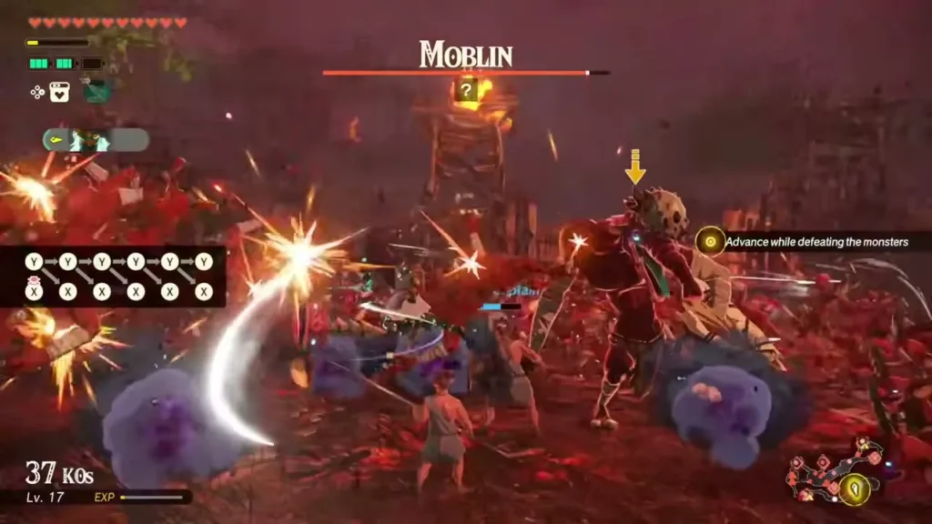 A warrior and Calamo cut through Bokoblins around a Moblin on the burning field A warrior and Calamo cut through Bokoblins around a Moblin on the burning field