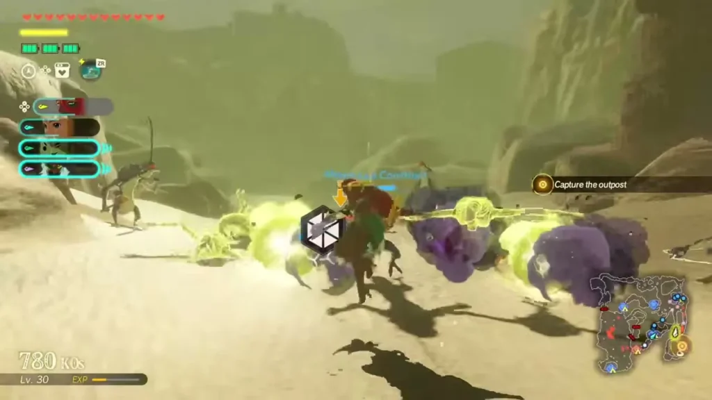 A warrior triggers a purple blast against skeletal enemies in the desert A warrior triggers a purple blast against skeletal enemies in the desert