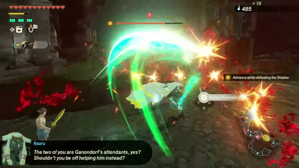 Rauru and a Gerudo Captain press through the Shades in Central Hyrule Rauru and a Gerudo Captain press through the Shades in Central Hyrule