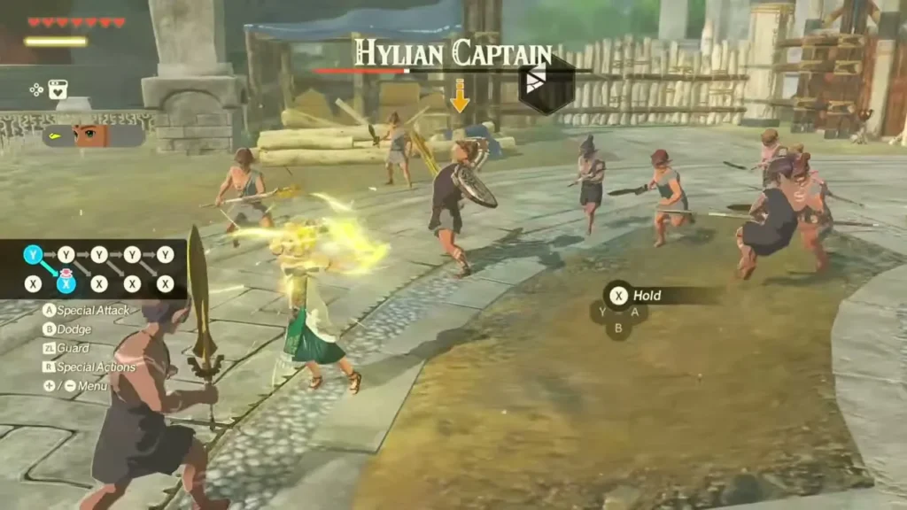 Zelda keeps up a combo against the Hylian Captain and trainees in the plaza Zelda keeps up a combo against the Hylian Captain and trainees in the plaza