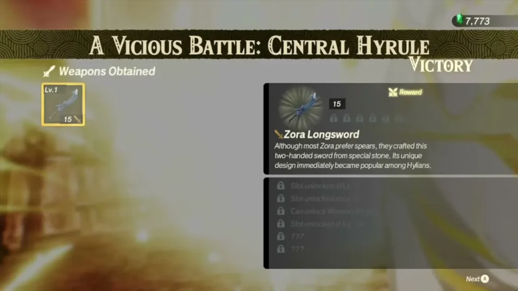 The Vicious Battle: Central Hyrule victory screen lists the Zora Longsword reward