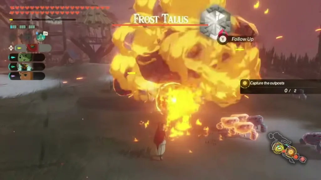 A fire blast explodes on the Frost Talus in the snowy Hebra outpost battle