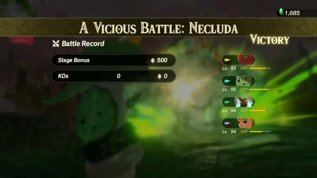 The Vicious Battle: Necluda victory screen shows the battle record and party levels
