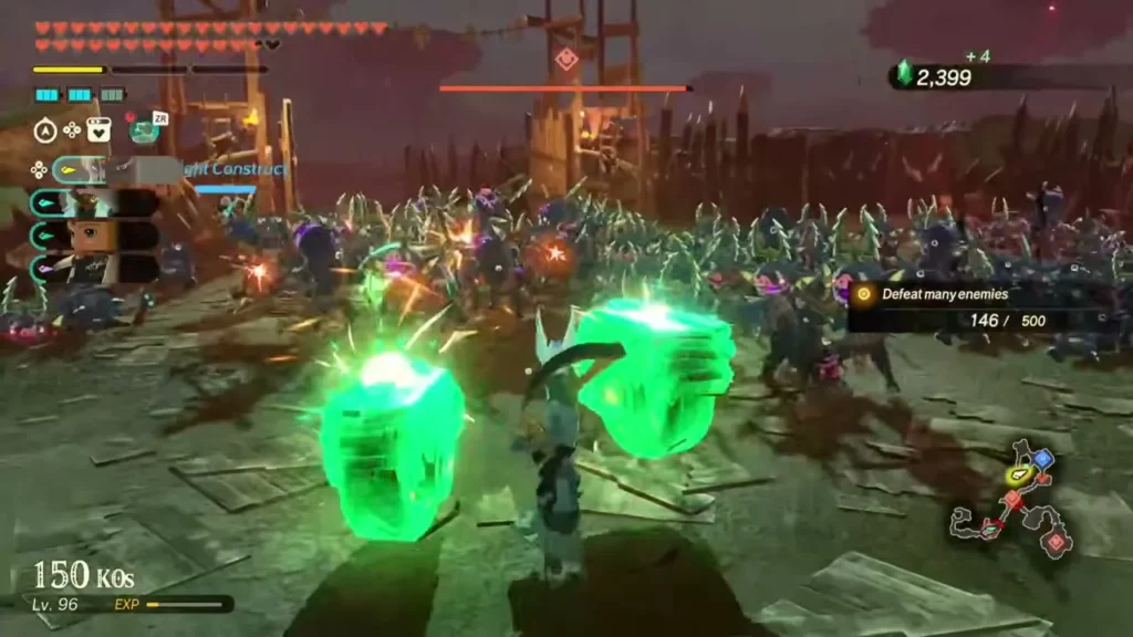 A warrior smashes through a Bokoblin horde with green Zonai gauntlets in the Seres Scablands
