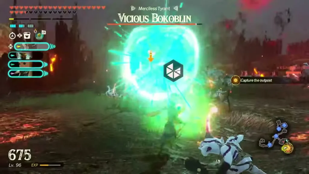 A green shield flares around the Vicious Bokoblin as the party fights at a Seres outpost