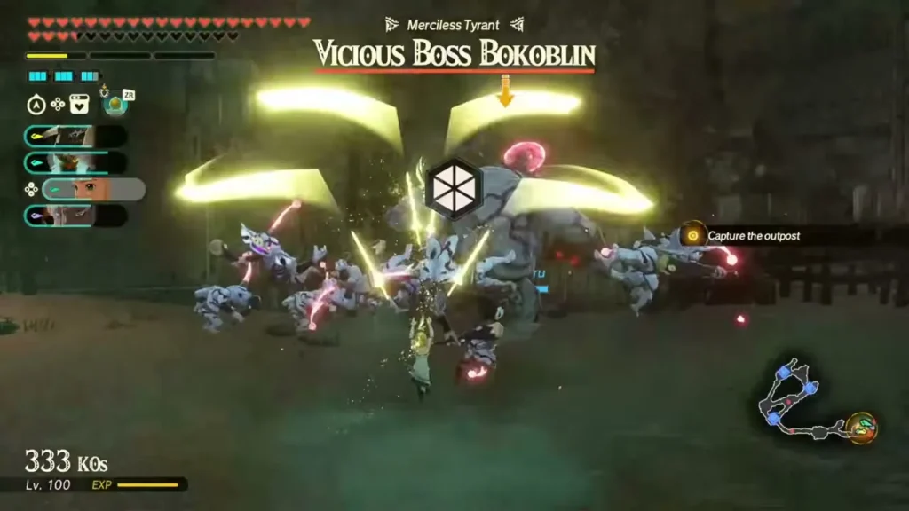 Zelda slashes golden arcs at the Vicious Boss Bokoblin among Bokoblins in Tanagar Canyon