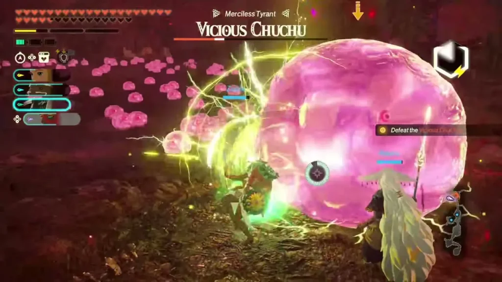 Lightning crackles around the giant Vicious Chuchu while the party fights it on North Hyrule Field