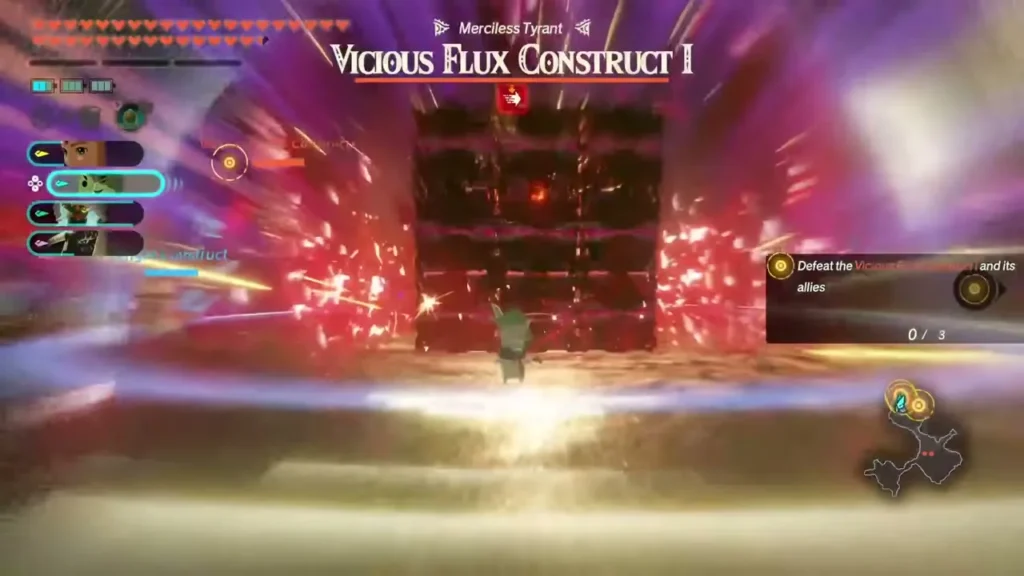 The Vicious Flux Construct I looms as a wall of red sparks bursts at the Depths Outpost